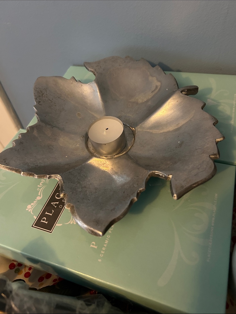 Silver Leaf-Shaped Metal Tea Light Holder - Unbranded 9.5” (Pewter??) EUC